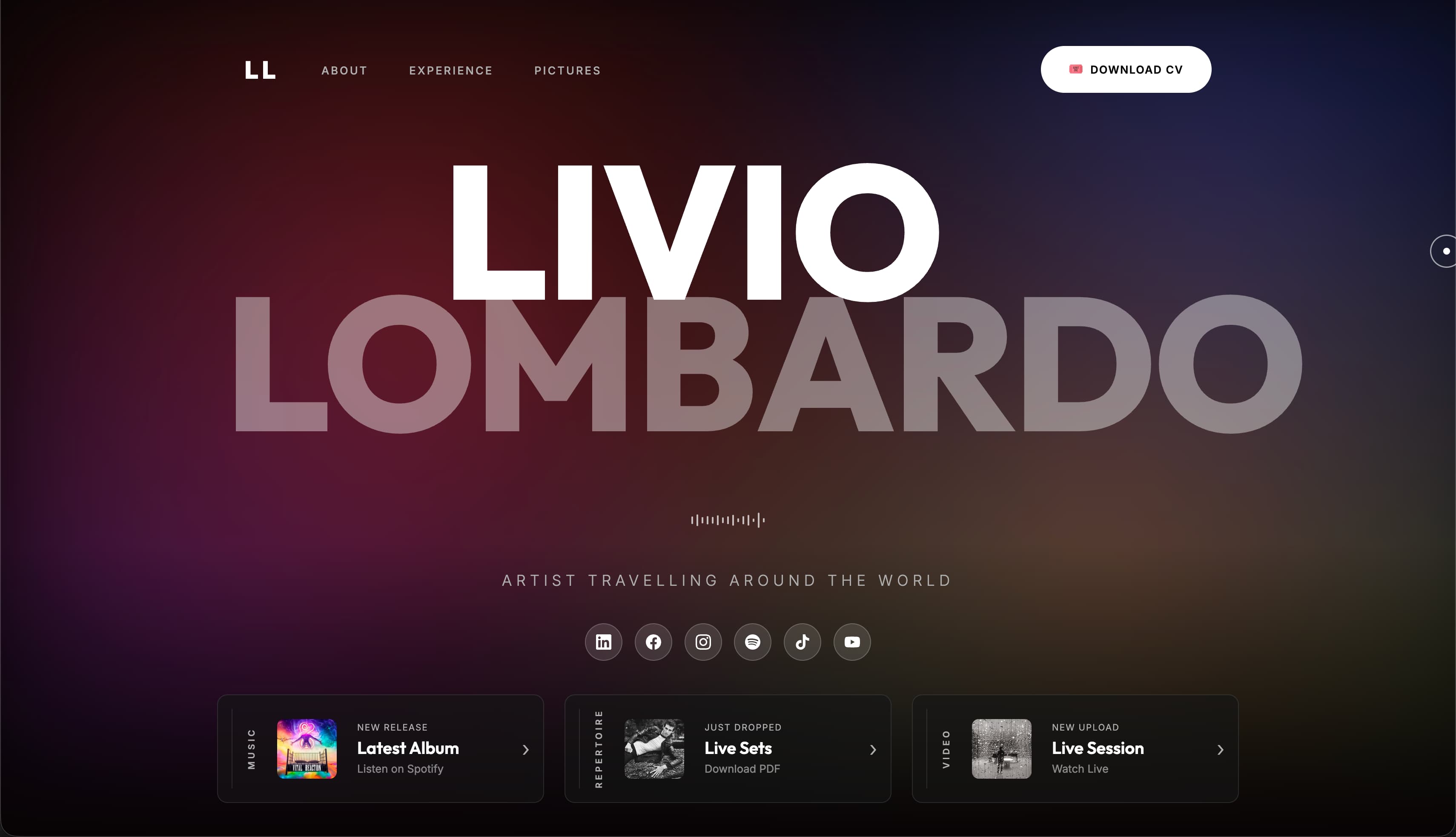 Livio Lombardo portfolio homepage with oversized typography and a dark gradient background.